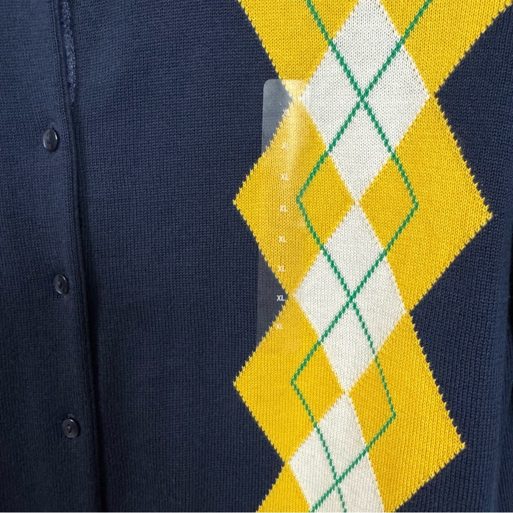 Gap NWOT Navy Button Down Caridigan Yellow Green Argyle Diamond Y2K Preppy Sz XL - Picture 4 of 12